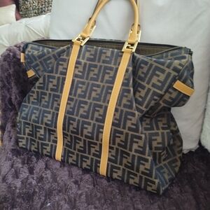 Vintage Fendi Brown Monogram Duffel with Yellow Leather Trim